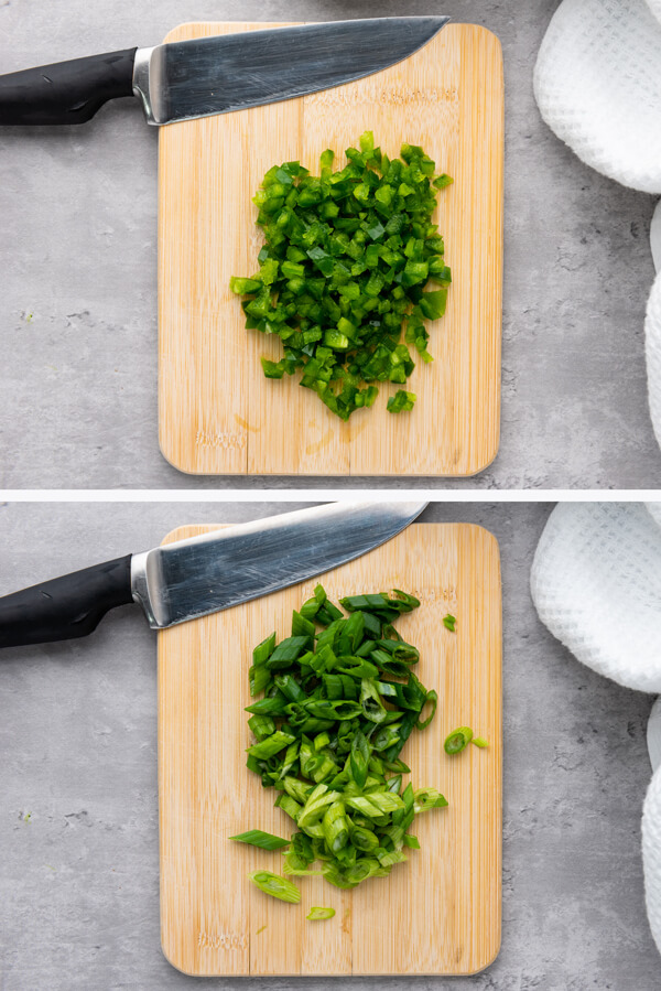 Chopped jalapeno and scalions  on chopping boards