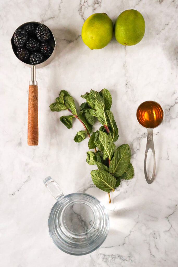 Kitchen counter with a cup of blackberries, 2 lemons, a tablespoon of agave, mint leaves, and a jug of sparkling water