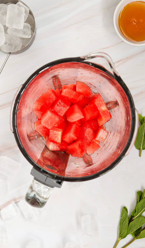 Watermelon cubes inside a blender