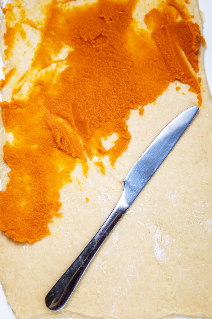 Spreading the pumpkin puree