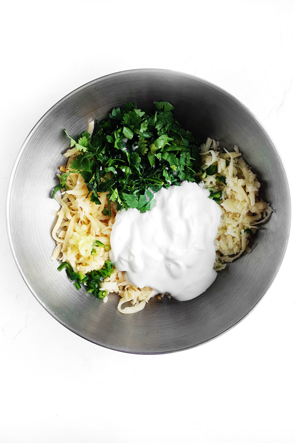 Mixing mozzarella, cheddar, sour cream, milk, garlic, green onions, and cilantro
