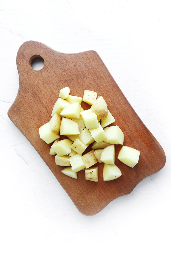 Diced potatoes on a cutting board