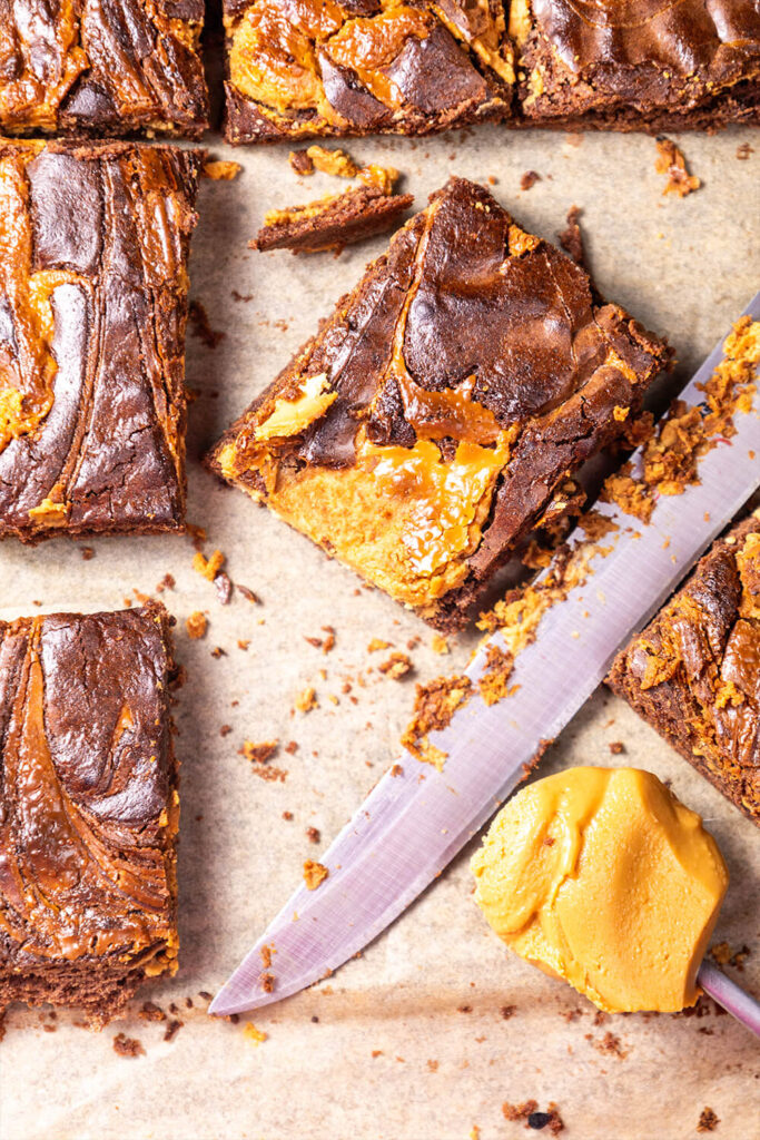 Cutting the peanut butter brownie into squares