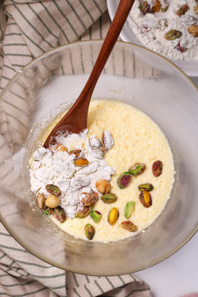 Mixing pistachios, wet and dry ingredients