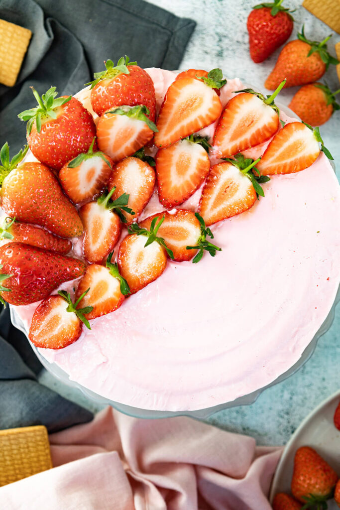 No Bake Cheesecake decorated with strawberries